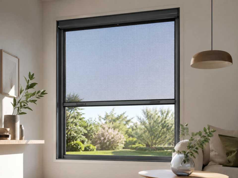 Véranda personnalisée Salon moderne avec canapé confortable, plantes vertes et vue dégagée sur le paysage.