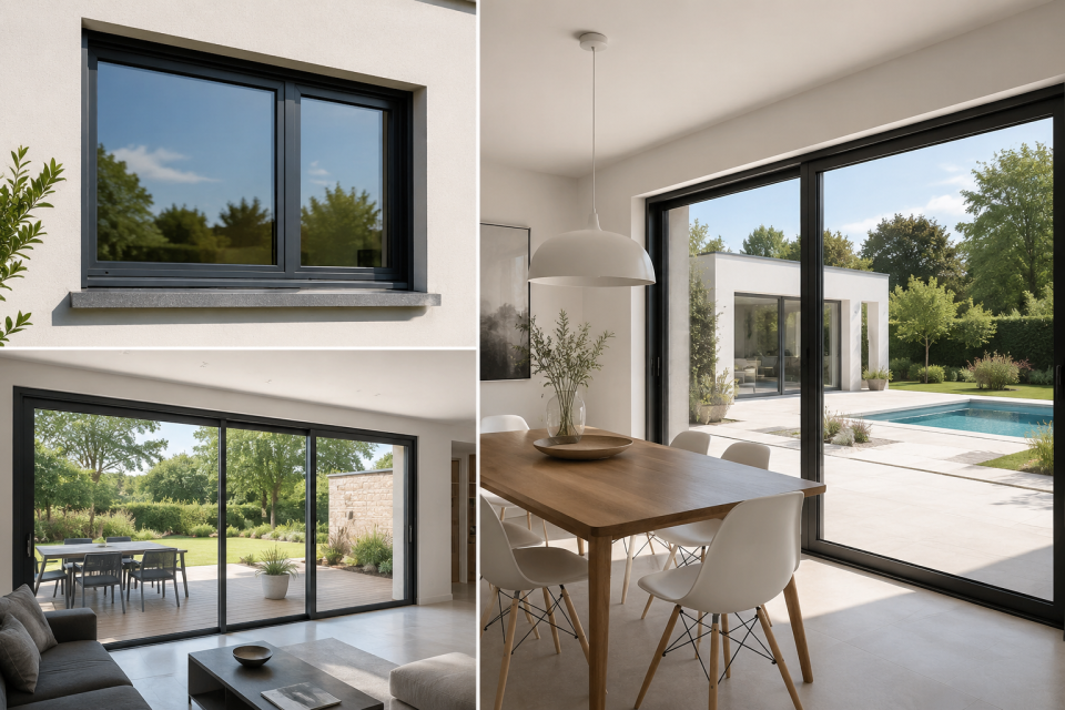 Véranda personnalisée Salon moderne avec canapé confortable, plantes vertes et vue dégagée sur le paysage.
