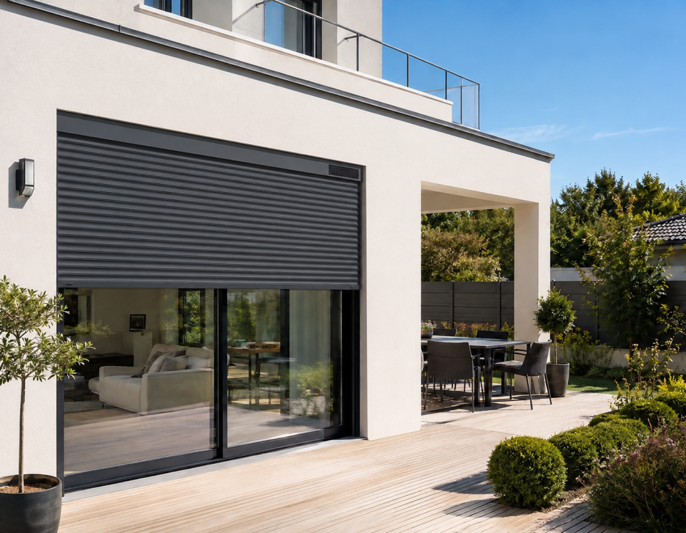 Véranda personnalisée Salon moderne avec canapé confortable, plantes vertes et vue dégagée sur le paysage.
