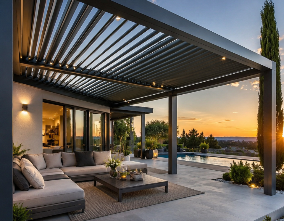 Salon moderne avec canapé confortable, plantes vertes et vue dégagée sur le paysage.