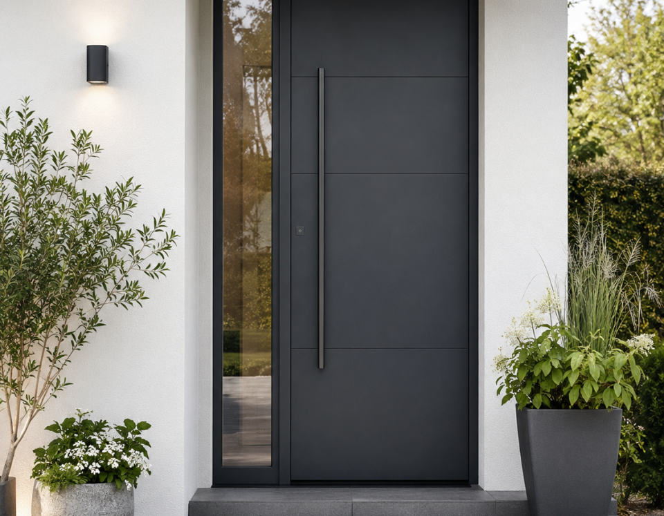 Véranda personnalisée Salon moderne avec canapé confortable, plantes vertes et vue dégagée sur le paysage.